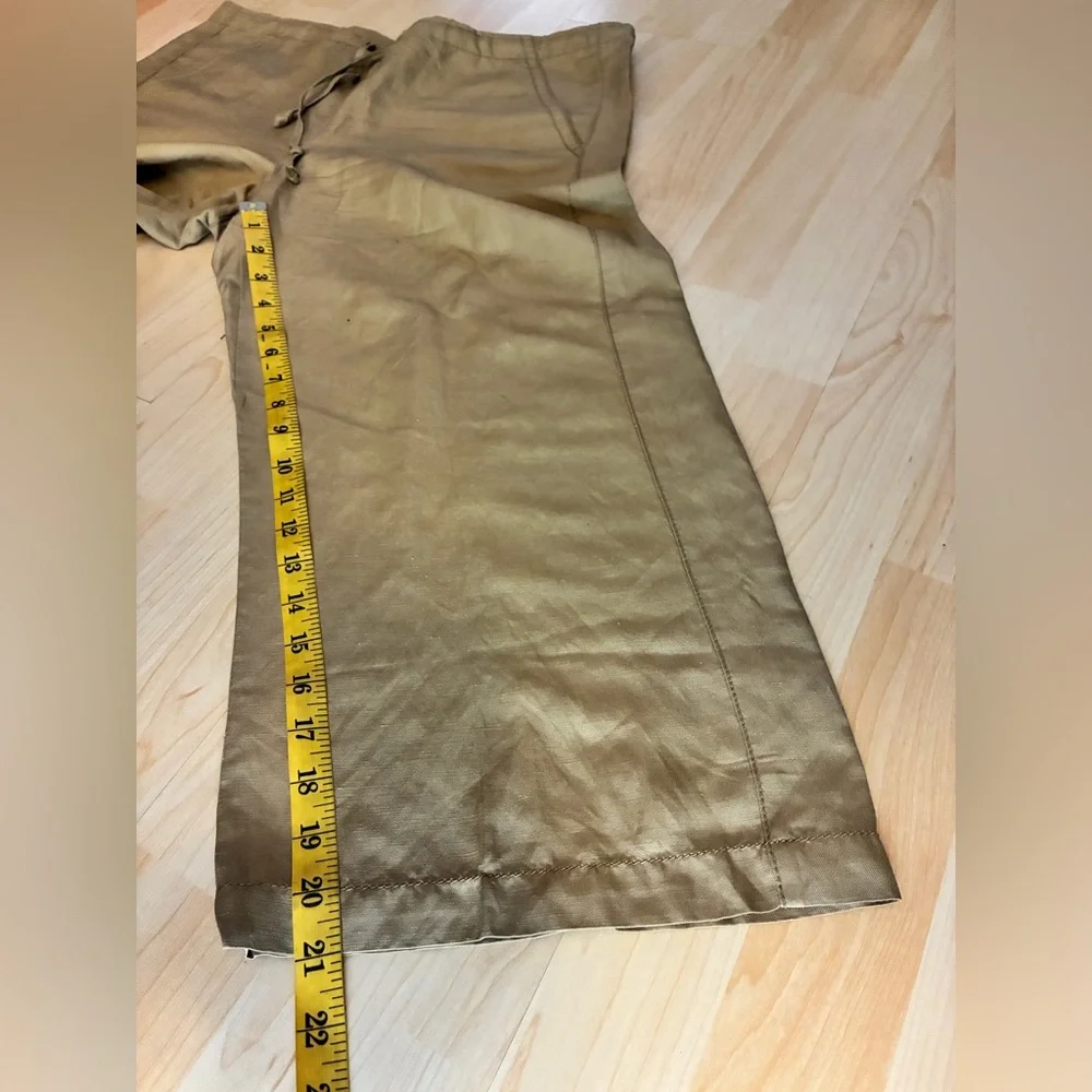 pure DKNY Silk Linen Blend Wide Leg Cropped Drawstring Pants - Khaki Tan Size L